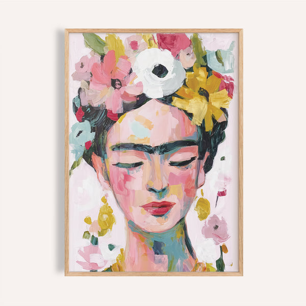 Soft pastel paintings of Frida Kahlo with closed eyes and floral crown