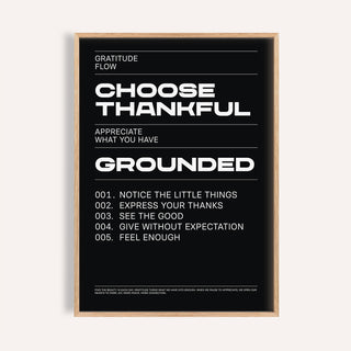 Thankful Posters framed print close-up motivational gratitude text in white on black