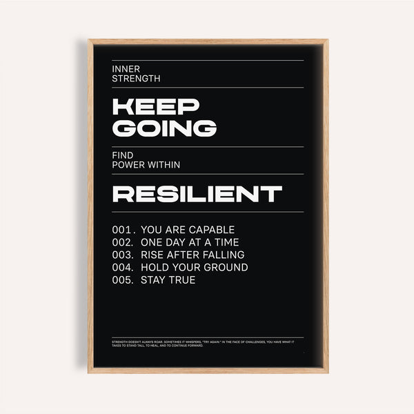 A motivational poster featuring the words 'KEEP GOING' and 'RESILIENT' with additional encouraging phrases in a vertical layout, predominantly in black and white colors.