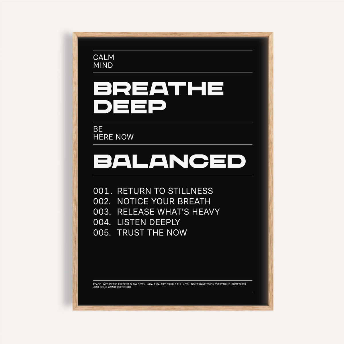 Calm black and white phrases for wall art for bedroom meditation spaces

