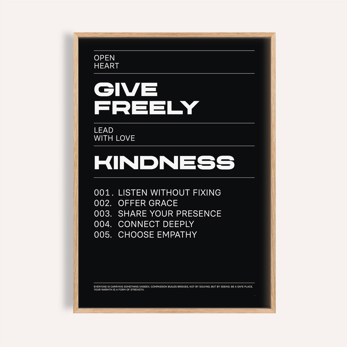 Bold black and white art with quote inspiring kindness and empathy