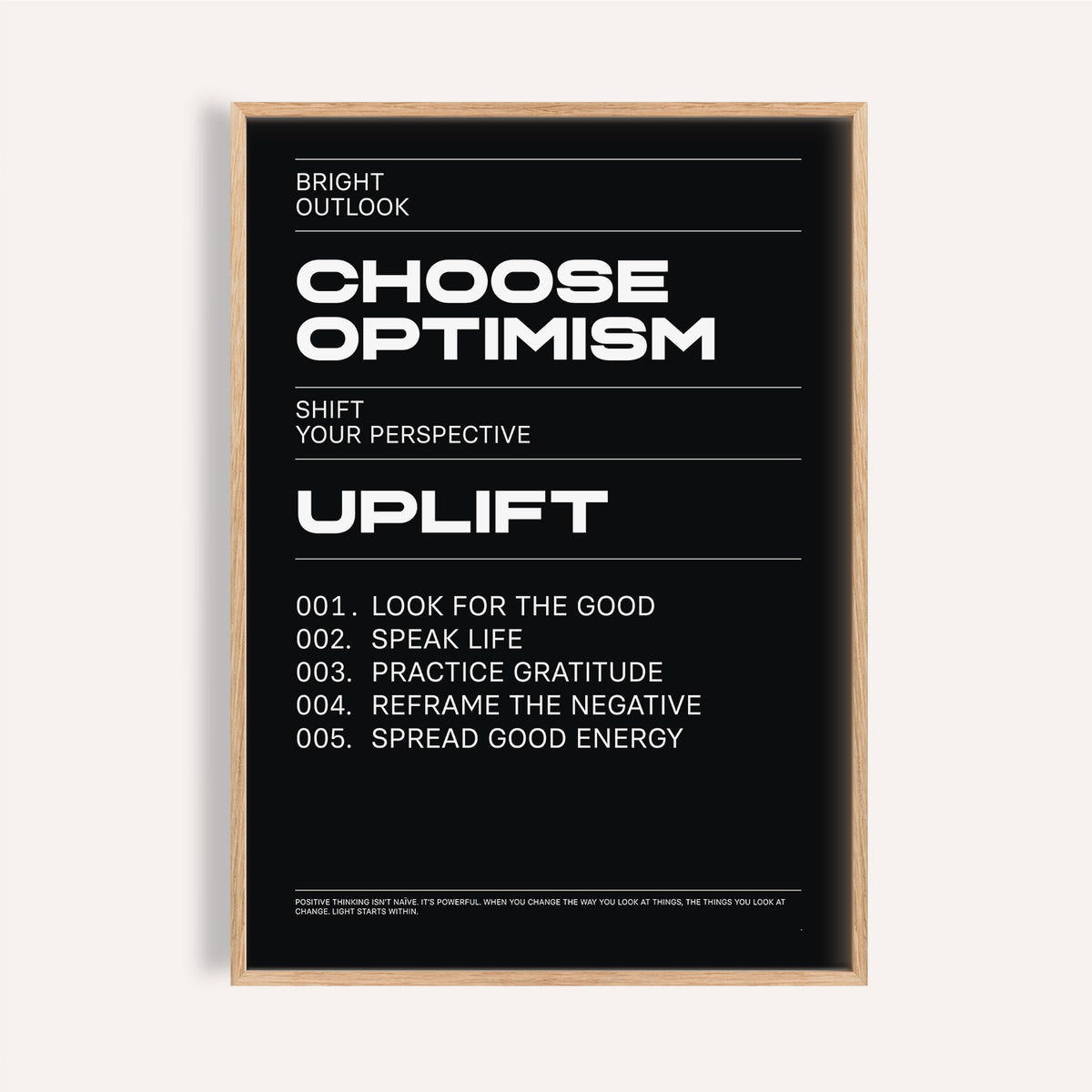 Modern affirmation print in black and white with optimism quotes.