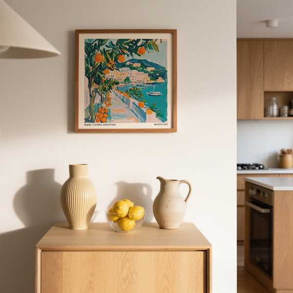 Art Prints of Italy featuring Maiori’s harbor and hillside homes in bold colors.