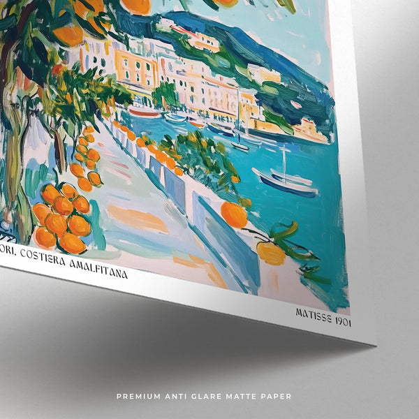 Artistic depiction of a coastal scene with buildings, trees, and oranges on a gray background.