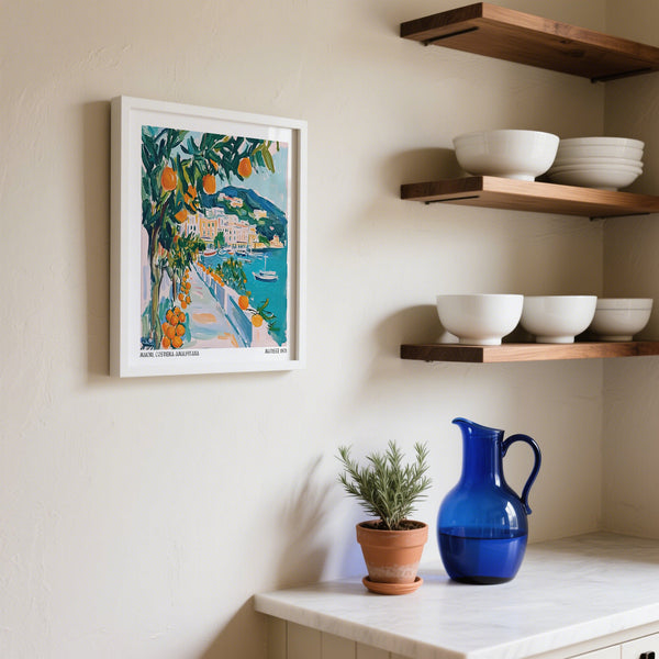 Coastal Italian town in vibrant painterly style, part of our Art Prints of Italy collection.