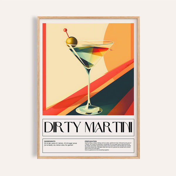 Cocktail prints for wall featuring a Dirty Martini recipe