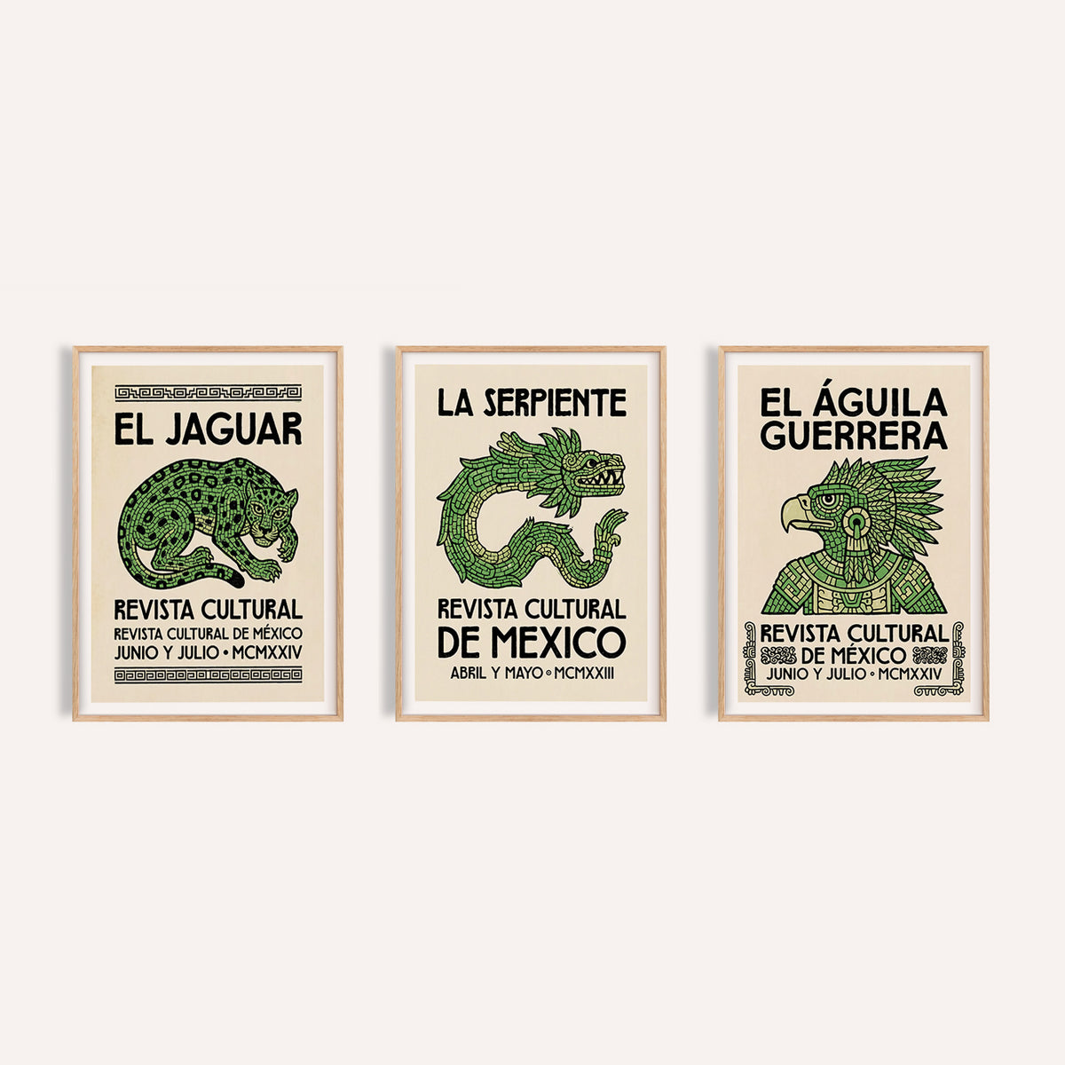 Mexican folk art gallery set prints with illustrations of a jaguar, serpent, and eagle on a beige background