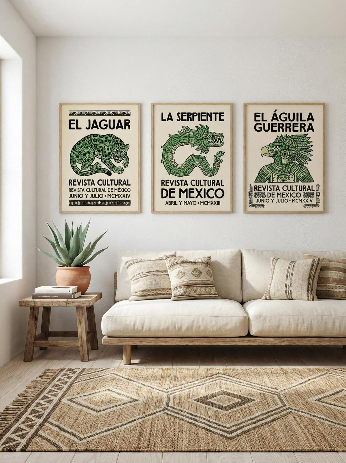 Cultural art print set featuring three prints: jaguar, serpent, and eagle.