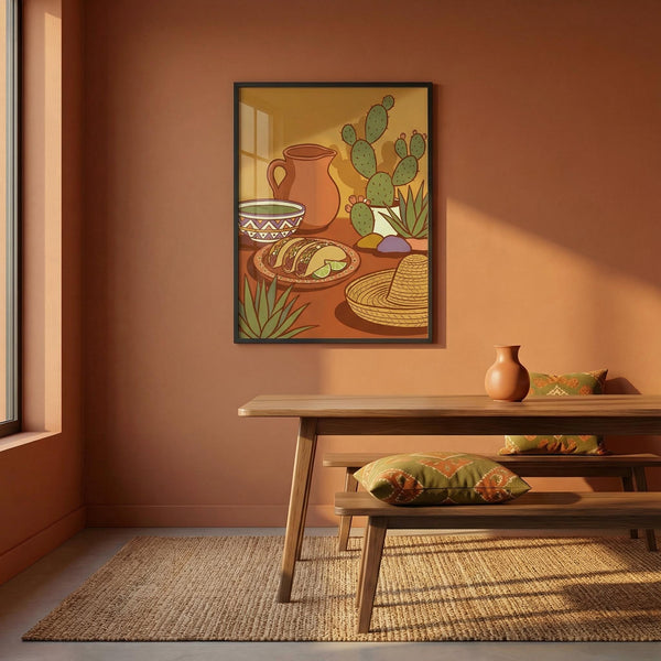 Dining room with a framed artwork of a still life scene on the wall, wooden table, and bench.
