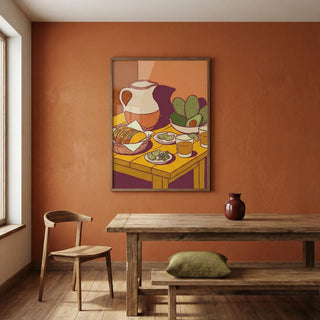 Dining room with a framed artwork on an orange wall, wooden table, chair, and bench.