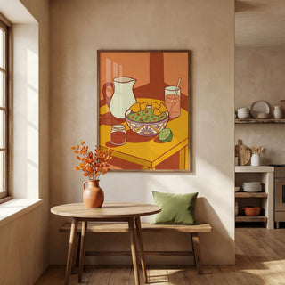 Colorful painting of a still life scene in a room with wooden furniture and decor.