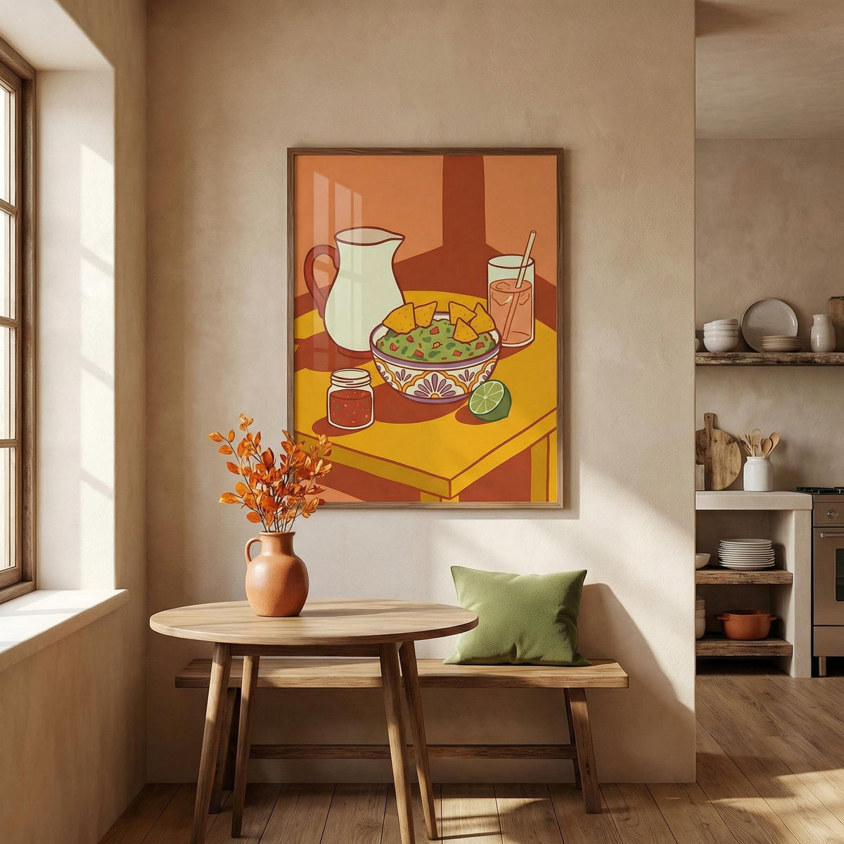 Colorful painting of a still life scene in a room with wooden furniture and decor.