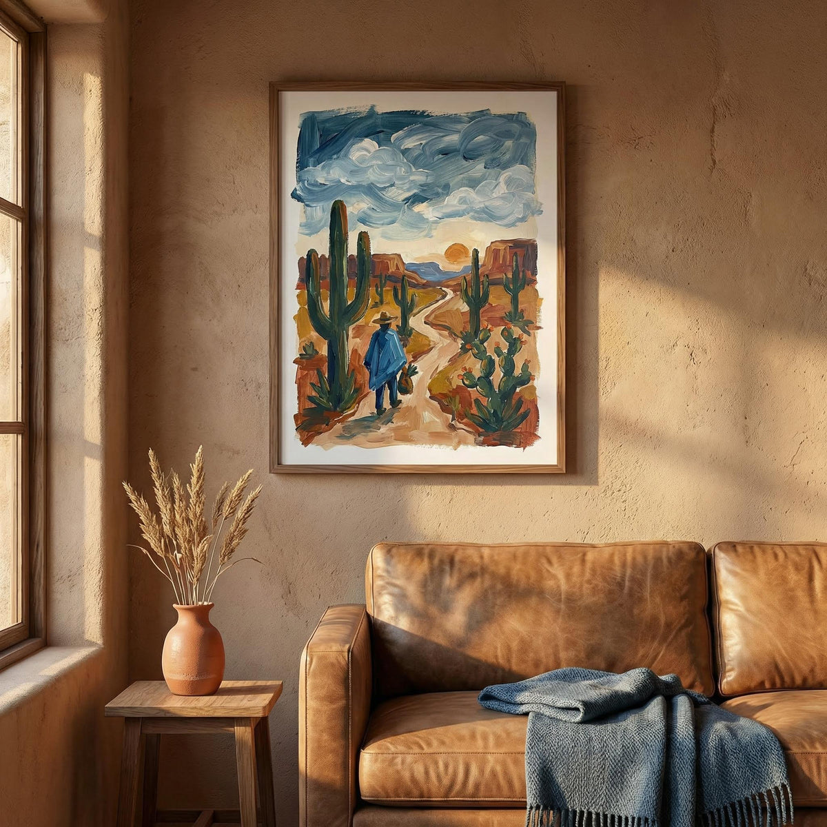 Living room with a brown leather sofa, framed desert painting, and a small table with a vase.