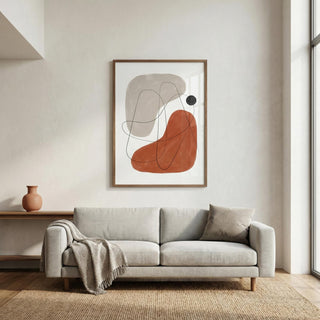 Modern living room with a light gray sofa, abstract art on the wall, and a vase on a side table.