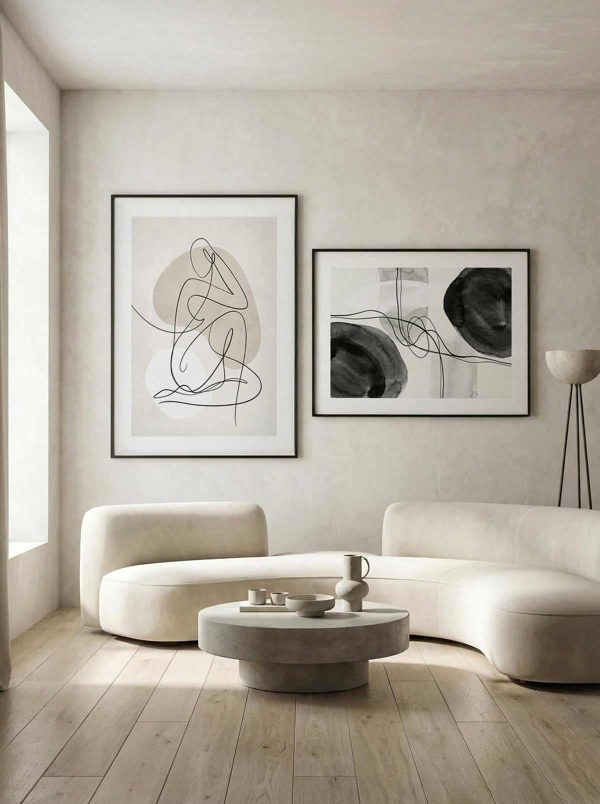 Minimalist abstract wall art set of 2 featuring flowing black and beige forms.