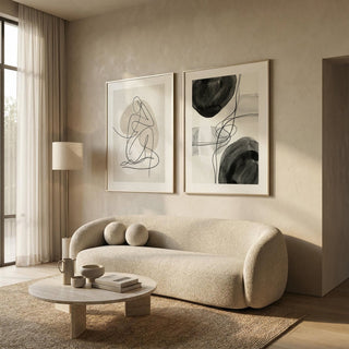 Soft Form Duo set of 2 prints with abstract lines in black, white, and gray. - minimalist abstract wall art set of 2