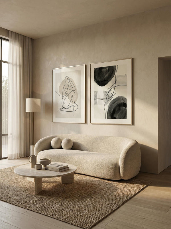 Soft Form Duo set of 2 prints with abstract lines in black, white, and gray. - minimalist abstract wall art set of 2