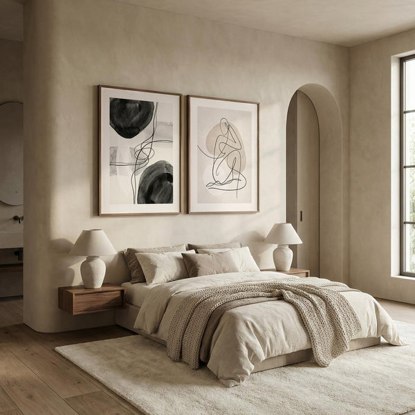 Modern abstract print bundle of 2 showing paired soft shapes and subtle tones.