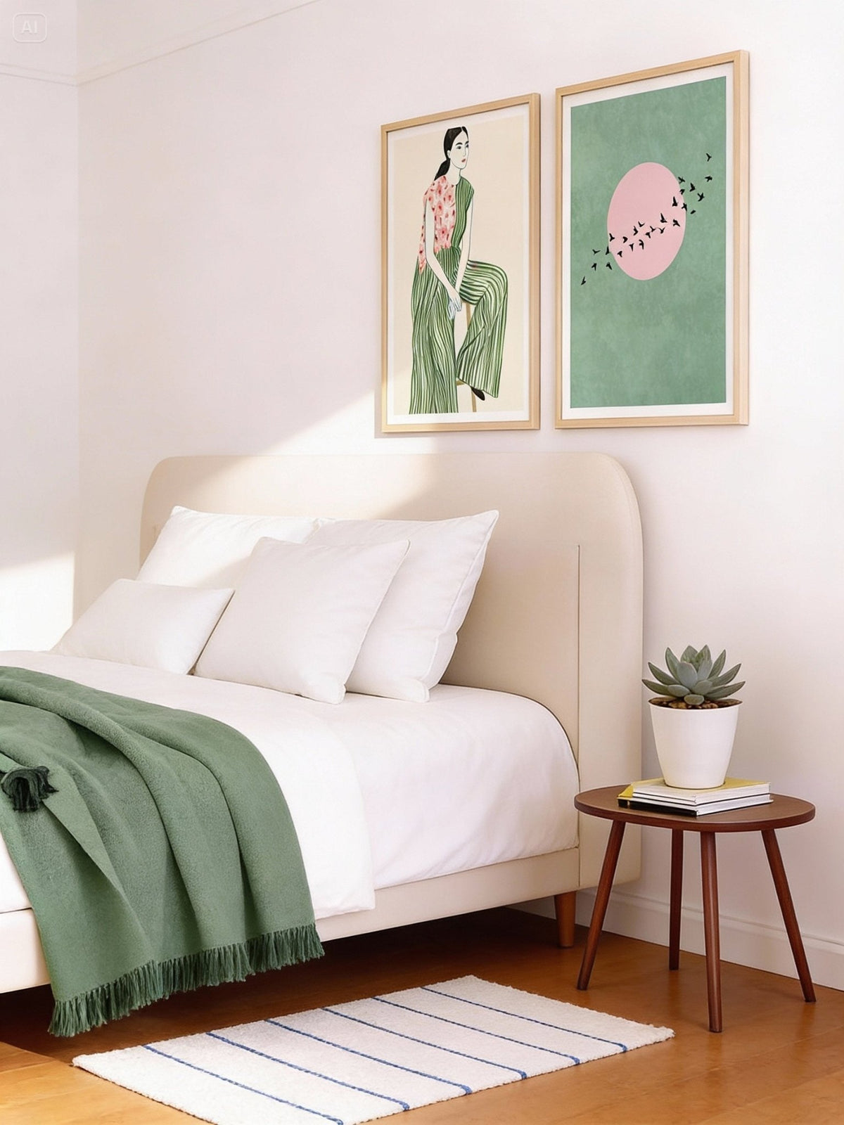 Minimalist set of 2 art prints in green and pink hues for modern decor.
