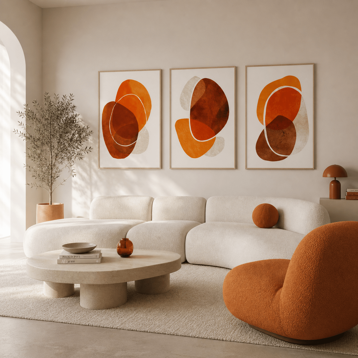 Modern living room with a white sofa, orange chair, and abstract art on the wall.