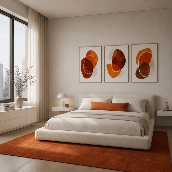 Modern bedroom with a bed, orange rug, and abstract wall art.