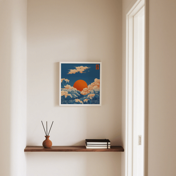 Modern Square Prints for Wall art print featuring Blue waves and Orange sun for office