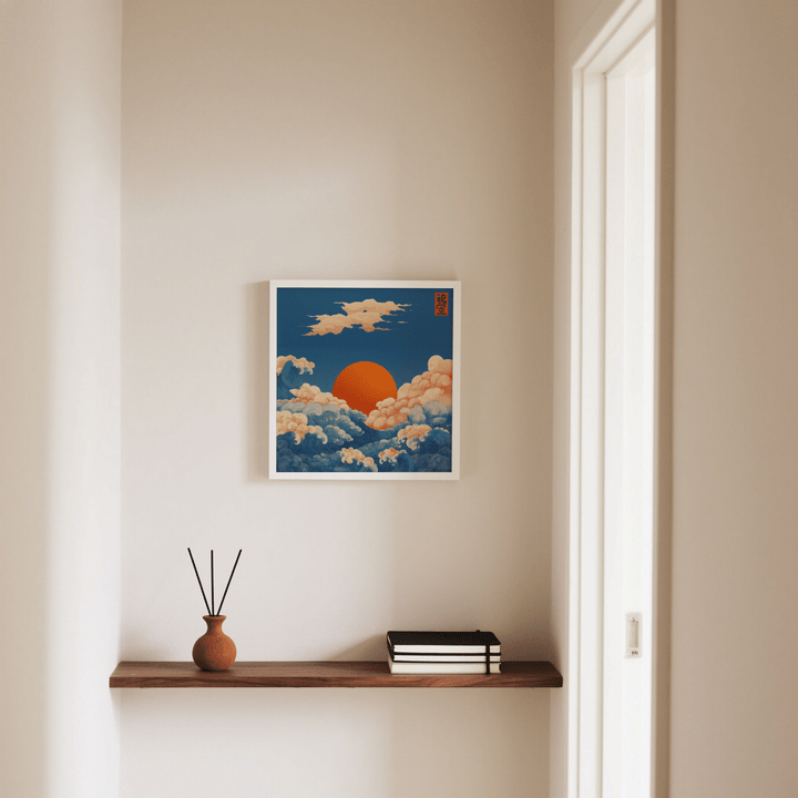 Square prints for wall showing an orange sun and blue ocean waves in Japanese-ink style above a wooden shelf with a small vase