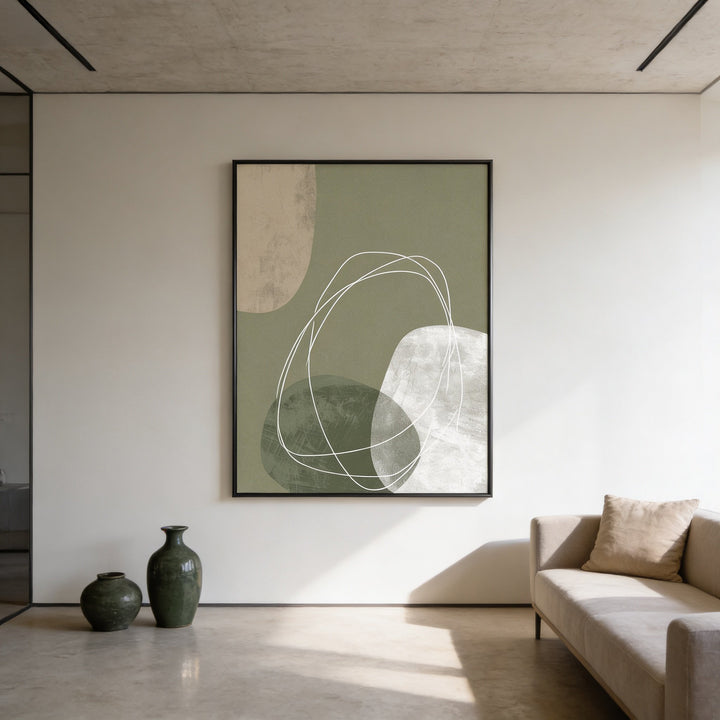 Modern Organic Print on wall with abstract shapes in green and beige above two green vases