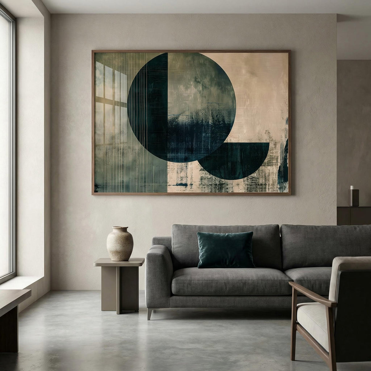 Modern living room with abstract art, gray sofa, and decorative items.