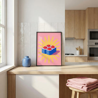 Modern kitchen with a colorful abstract art piece on the wall