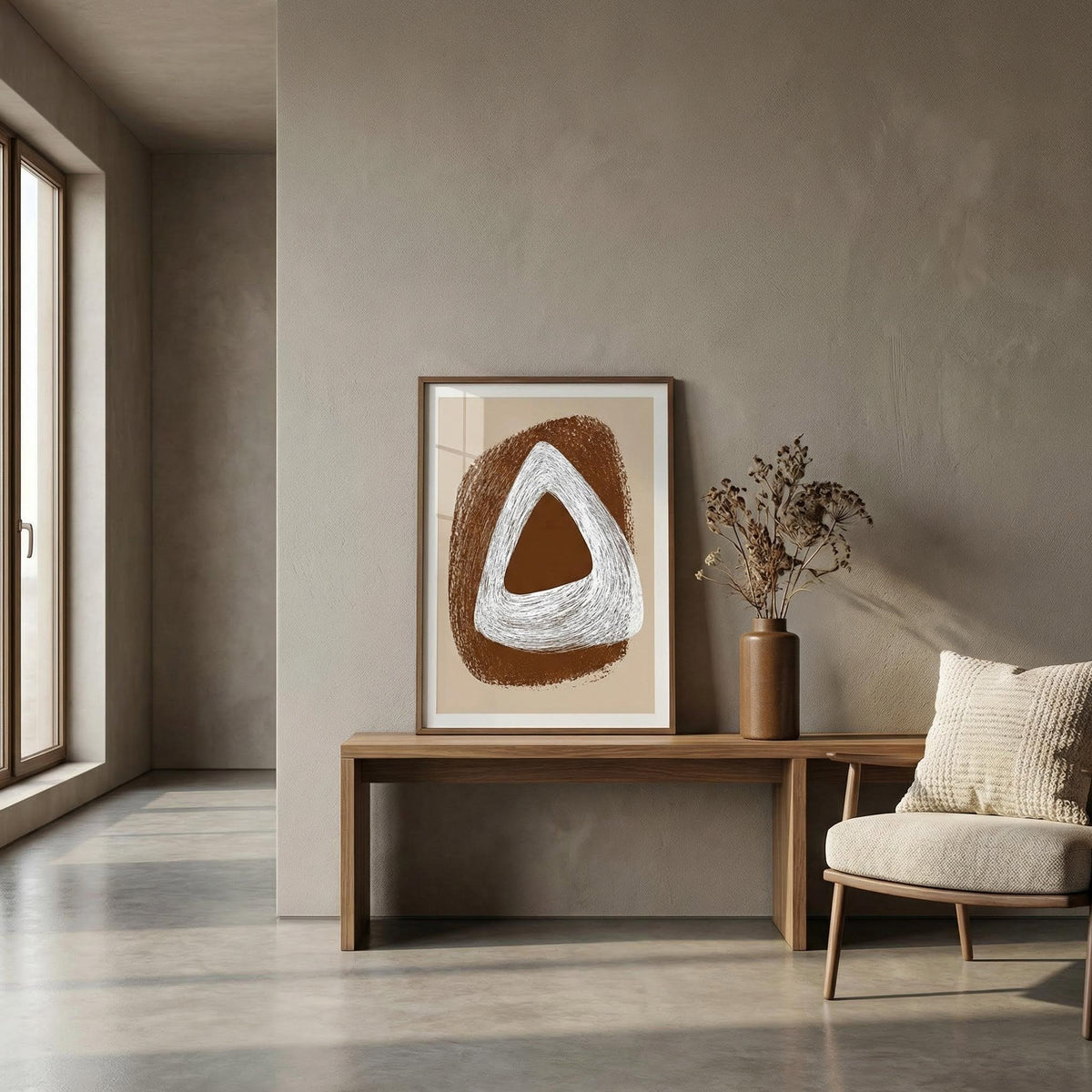 Modern interior with abstract art on a wall, wooden bench, and chair.
