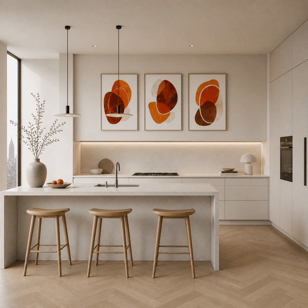 Modern kitchen with a white island, wooden stools, and abstract orange art on the wall.
