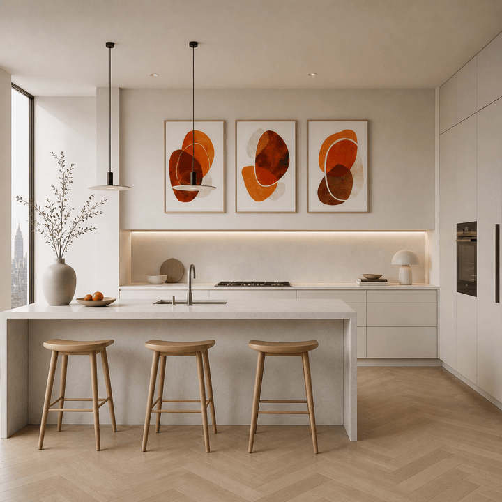Modern kitchen with a white island, wooden stools, and abstract orange art on the wall.