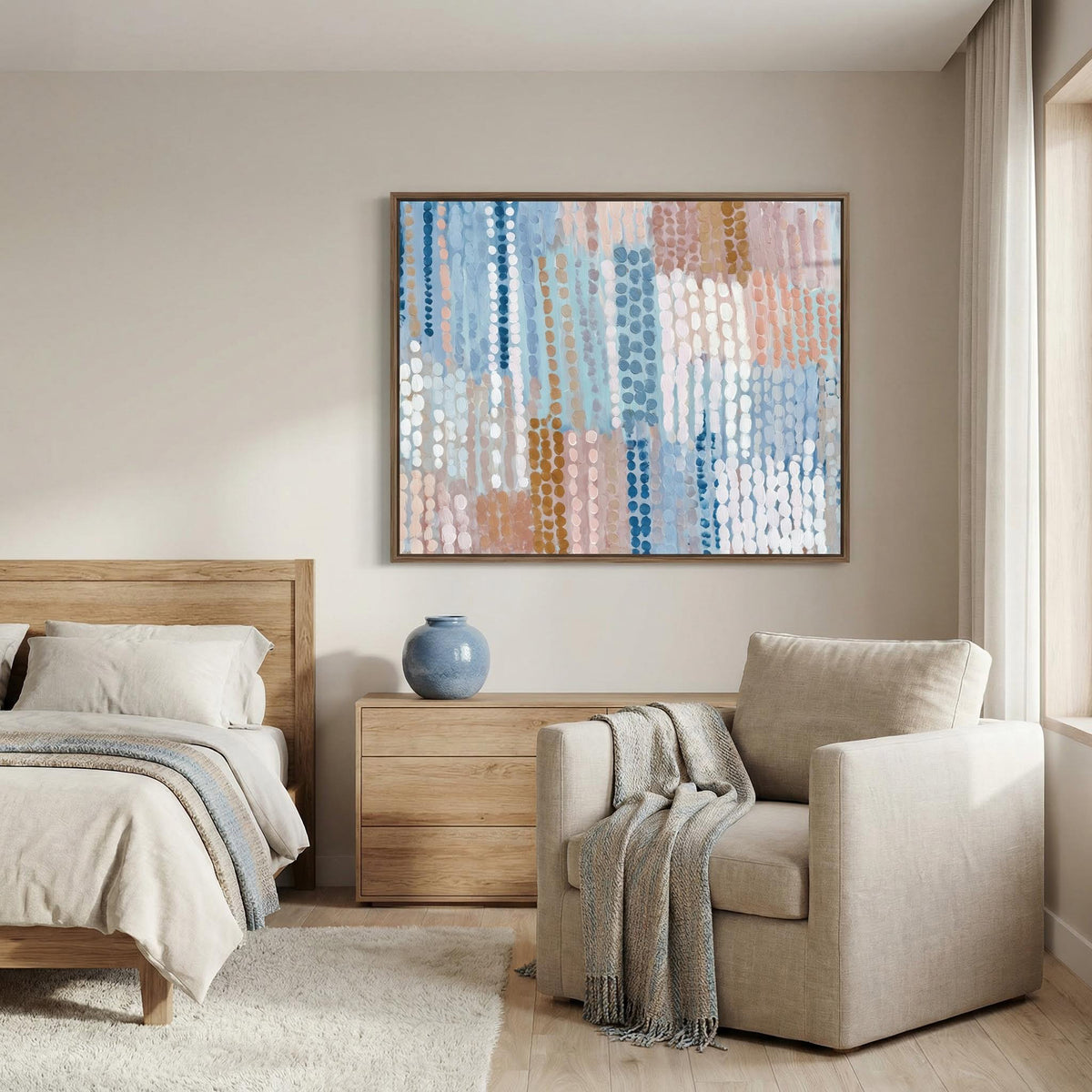 Modern bedroom with a bed, chair, and abstract painting on the wall.