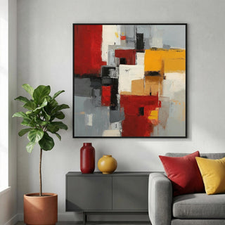 Modern office print with abstract art, vases, and a plant.