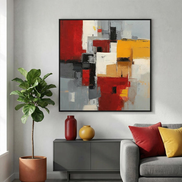 Modern office print with abstract art, vases, and a plant.