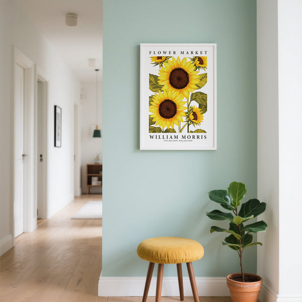 Elegant sunflower wall art styled in hallway decor