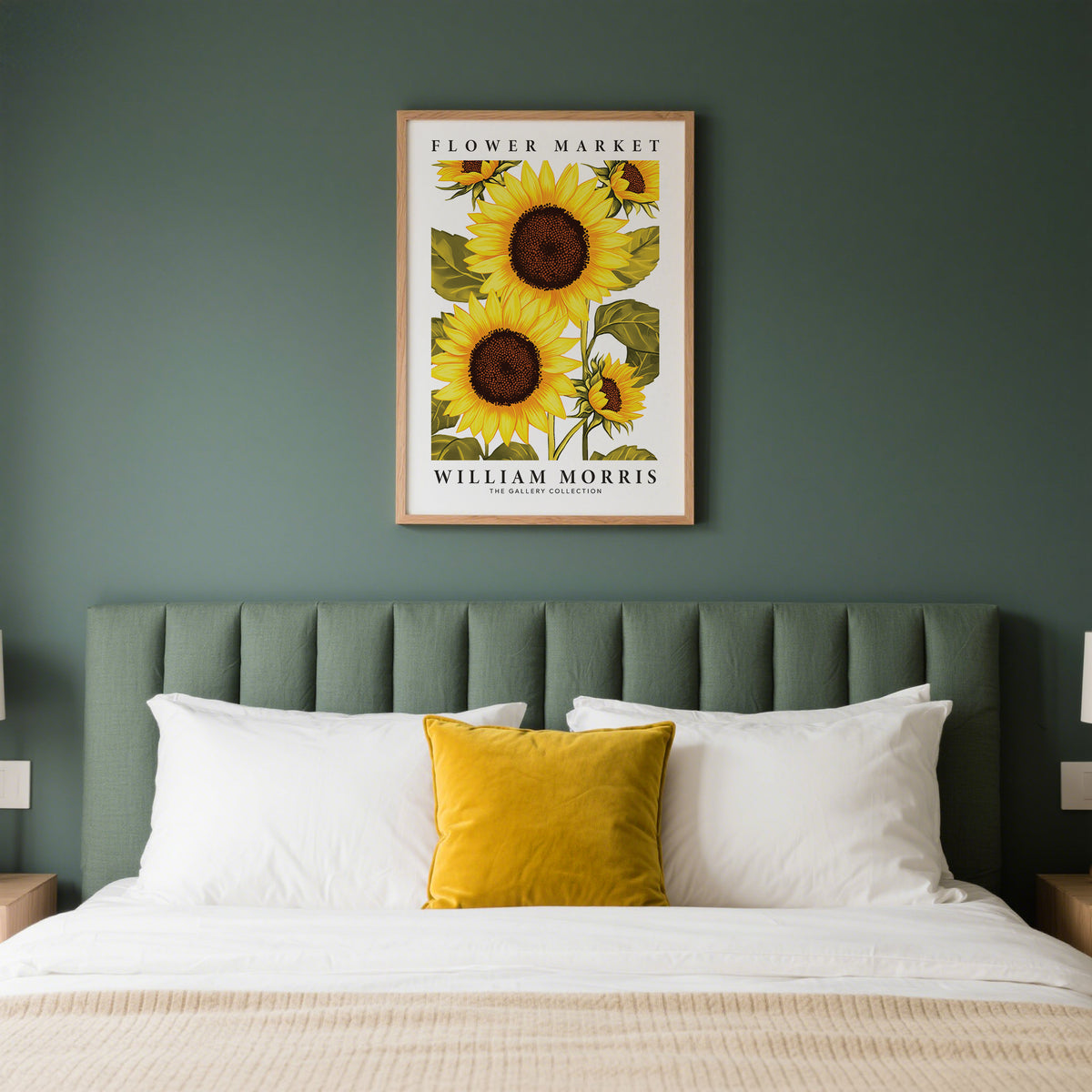 Soft vintage palette used in sunflower wall art for bedroom