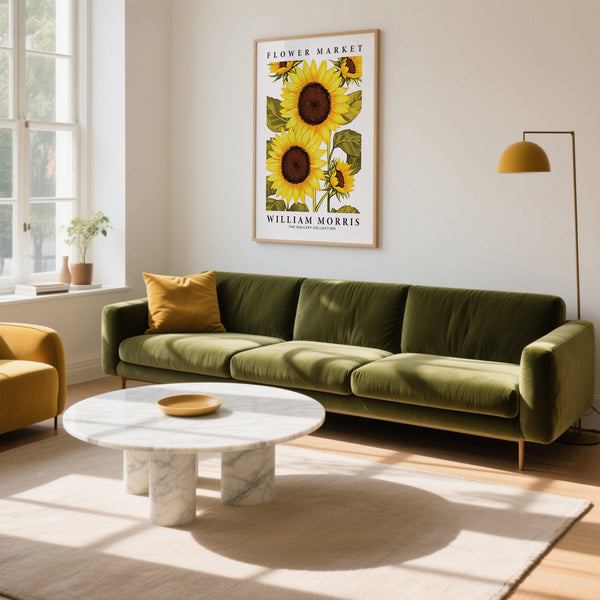 Botanical print of sunflowers in detailed sunflower wall art design