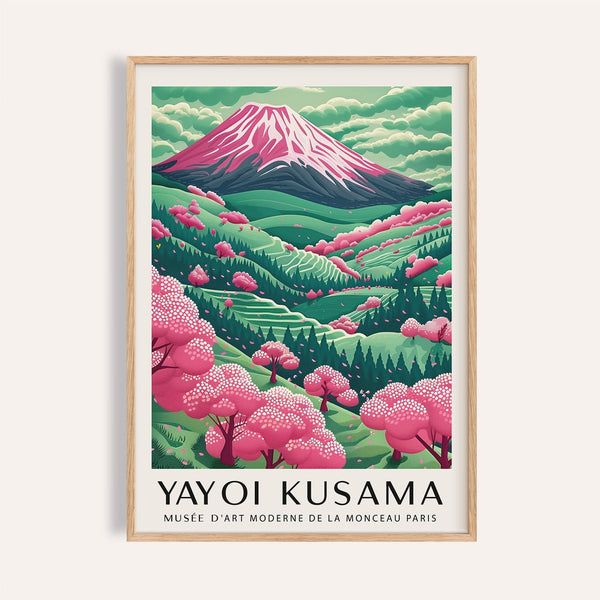 Mountain landscape print featuring Mount Fuji and cherry blossoms