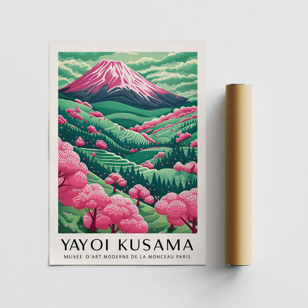Mountain landscape print with rolling green hills and soft pink hues