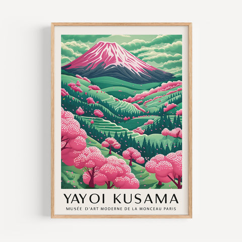 Mount Fuji pink landscape art with cherry blossoms and green hills
