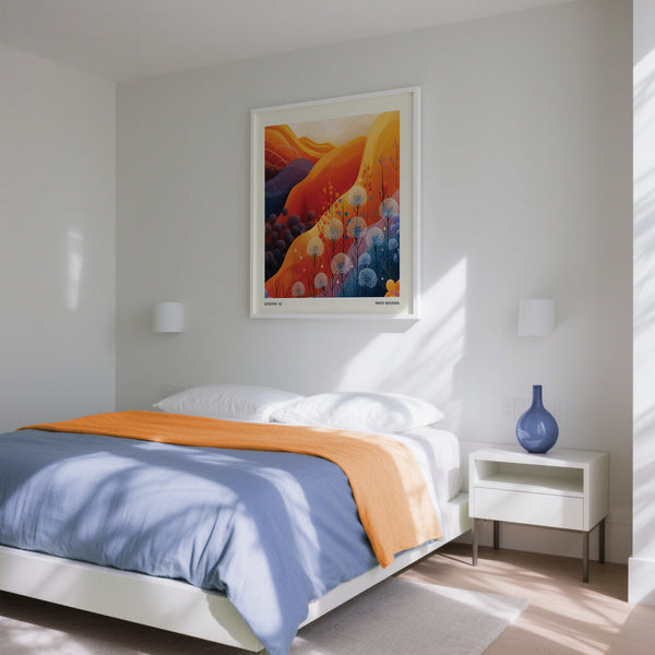 Colorful art print square for bedroom with mountain scenery