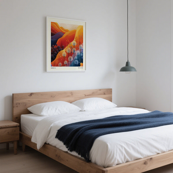 Bold art print square with floral and geometric hill patterns