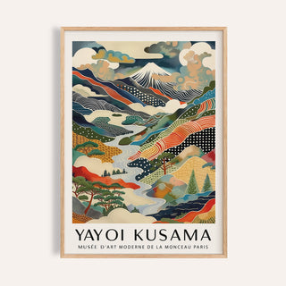 Yayoi Kusama print featuring an abstract mountain landscape
