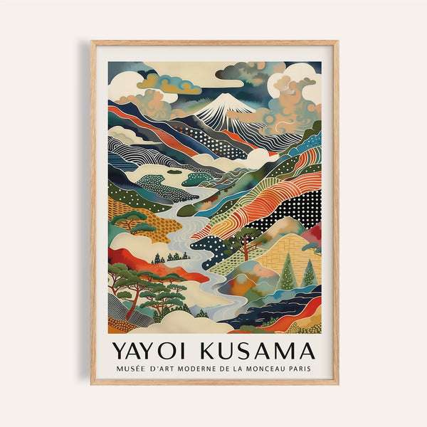 Yayoi Kusama print featuring an abstract mountain landscape