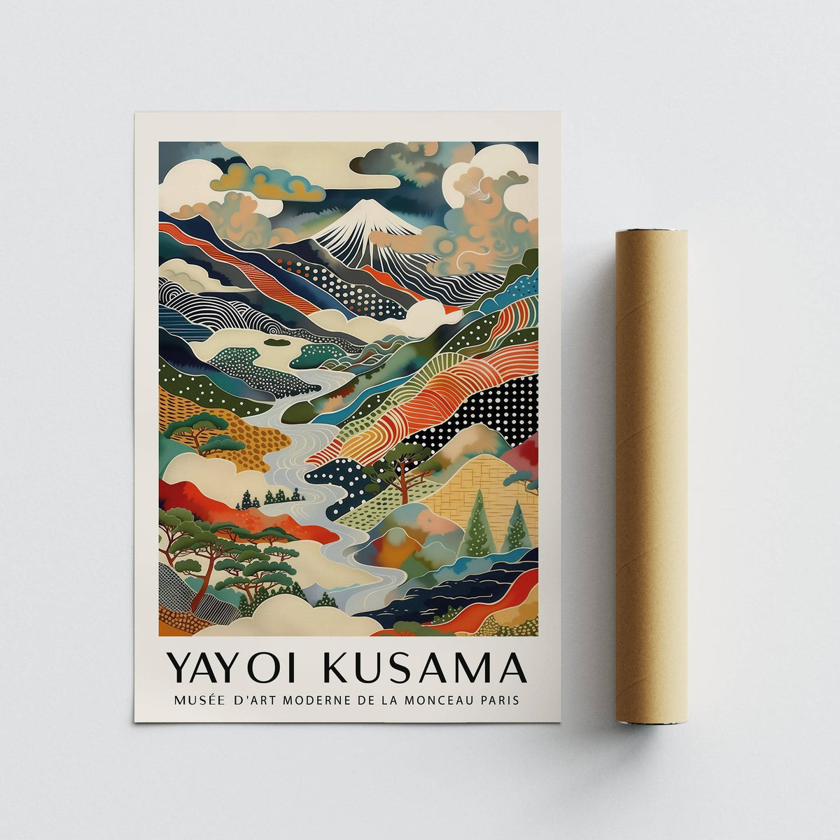 Yayoi Kusama print with bold colours and fluid geometric textures
