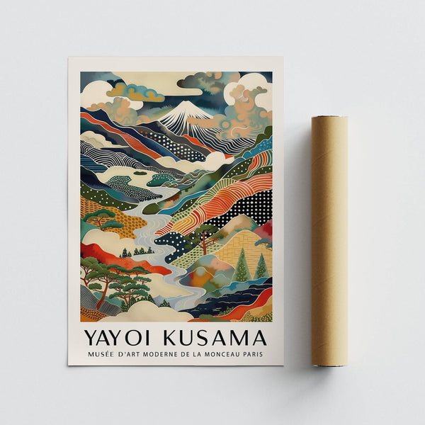 Yayoi Kusama print with bold colours and fluid geometric textures