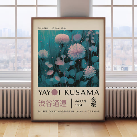 Teal Wall Art Yayoi Kusama Print - Night Blossom Floral Art