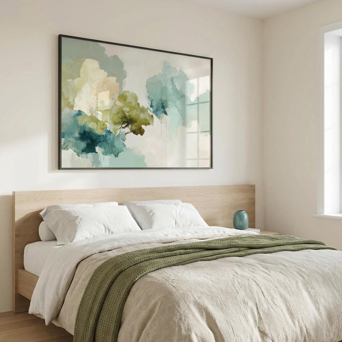 Bedroom with a bed, green blanket, and abstract art on the wall.